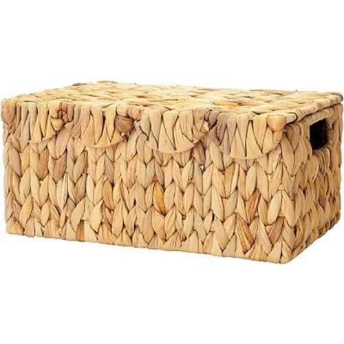 StorageWorks Scalloped Edge Wicker Basket with lid, Wicker Storage Basket with Built-in Handles, Handwoven Basket for Décor, Natural Water Hyacinth Wicker Basket for Shelves, Nursery Room