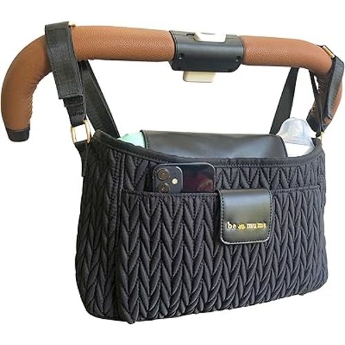 BeMums Universal Stroller Caddy, Organizer with Insulated Cup Holder, 2-in-1 Shoulder Strap for Easy Use, Faux Leather & Gold Details - Fits UppaBaby, Mockingbird, Nuna, Pet Strollers & More