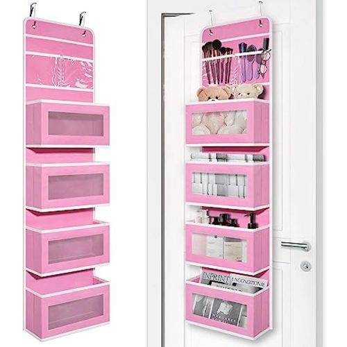 Over Door Organizer with 4 Large Capacity Pockets, Hanging Organizer Storage for Closet Bathroom Nursery Bedroom Dorm, Toys Cosmetics Sundries and Baby Essentials, Pink