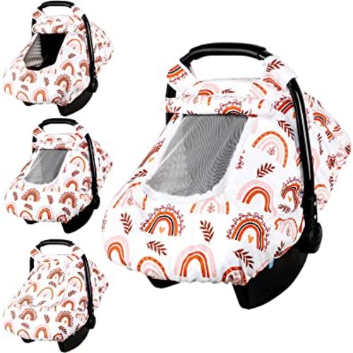 Baby Car Seat Cover Girls, Infant Rainbow Car Seat Covers Canopy for Newborn,2 Layers Windows of Breathable Mesh/Fabric, Lightweight Polyester/Minky Dot Backing, Snug Fit Most Baby Car Seat