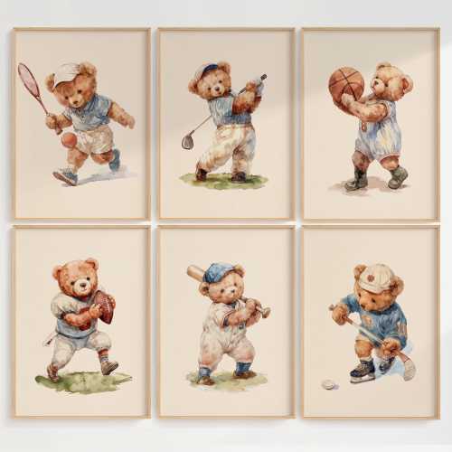 Set of 6 Vintage Teddy Bear Sports Wall Art, Babyshower Gift Boy, Watercolor Illustrations, Sports Nursery Theme Decor for Kids Room