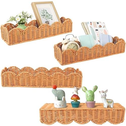 4 Set Nursery Book Shelves Scalloped Plastic Artificial Rattan Classroom Wall Shelf 15.8 Inch Wall Mounted Floating Bookshelve, Hanging Boho Wicker Woven Shelf for Bedroom Farmhouse Decor (4, Brown)