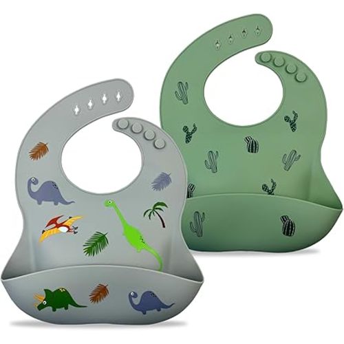 Silicone Baby Bibs,Set of 2 - Waterproof,Adjustable with deep Pocket food Catcher for Feeding - Toddlers,Boys,Girl
