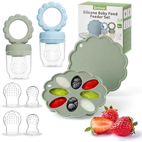 Silicone Baby Fruit Food Feeder Breastmilk Popsicle Molds Set, Baby Food Freezer Tray for Cooling Teething Relief, Baby Food Feeder for Safe Infant Self Feeding, Includes 6 Extra Food Pacifier