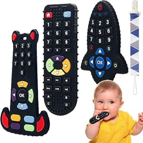 Baby Teething Toys, Food Grade Silicone Teether for Babies 3 6 12 18 Months, 3-Pack TV Remote Shape Toddlers Chew Toys (Black)