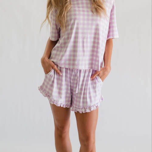 Women’s Ruffle Short Set in Purple Gingham