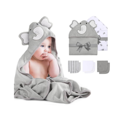 Momcozy Cute Elephant Hooded Baby Towel- 8 Piece Bath Essential, 2 x Towels and 6 x Wash Cloth Set- Perfect Shower Gift for Boys or Girls - Soft and Comfort for Newborn, Infant and Toddler