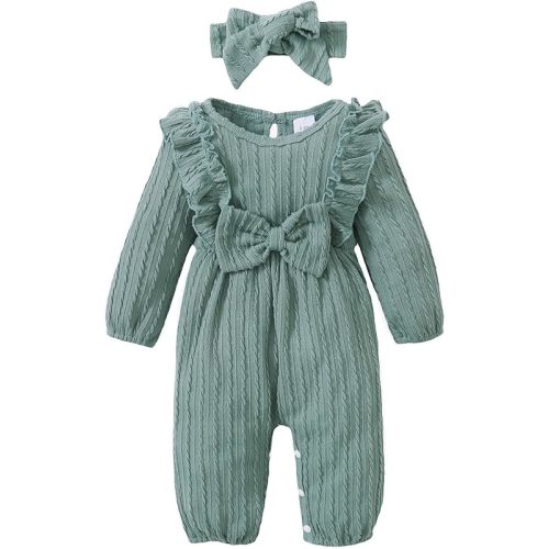 Happy Town Baby Girl Romper Infant Fall Winter Clothes Ruffle Sweater Long Sleeve Bodysuit Jumpsuit and Headband