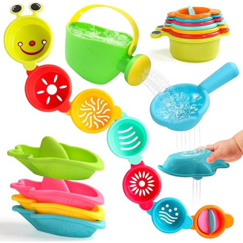 Baby Bath Toys for Kids Ages 1-3 Toddler Bath Toys Mold Free Bathtub Toys for 12+ Months Pool Water Table Beach Sand Toys Stacking Cups Floating Boats for 1+ Years Old Girls Boys Gifts 13 PCS