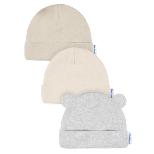 Gerber Baby Neutral 3-Pack Cap With Ears, Sizes Newborn - 0/6 Months