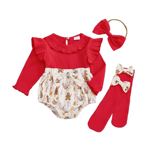 Tuwetueua My First Christmas Baby Girl Outfit Gingerbread Man Print Ruffle Long Sleeve Romper Baby Girl Christmas Outfit