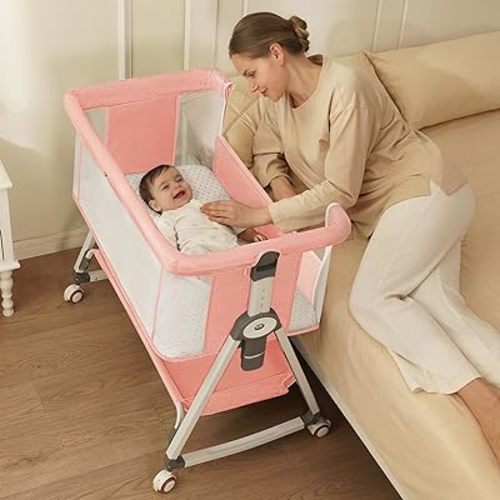 3 in 1 Baby Bassinet, Stable Bedside Crib with 6 Adjustable Heights, Breathable Mesh Infant Bassinet with Mosquito Net, Lockable Wheels and Large Storage Basket