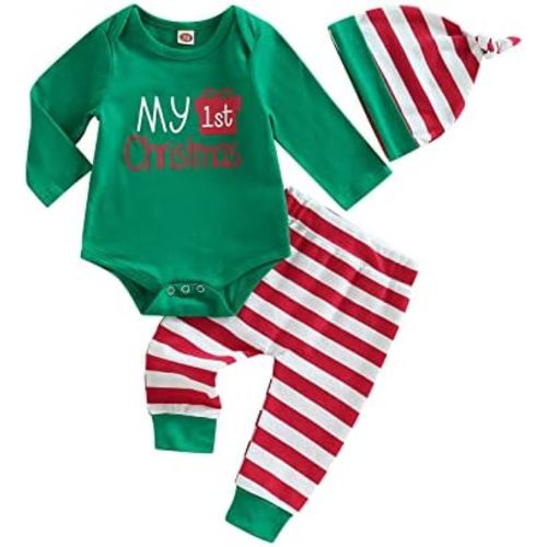 FYBITBO My First Christmas Baby Boy Girl Outfits Newborn Infant Letter Romper Shirt Pants Hat 1St Christmas Clothes Set