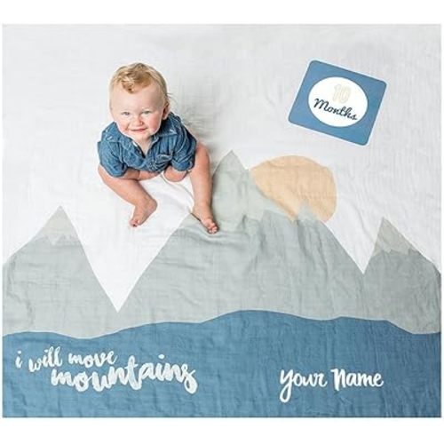 lulujo Personalized Baby's First Year I Will Move Mountains Blue Growth Blanket and Month Milestone Cards Set with Name