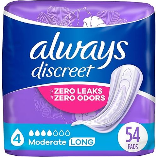 Always Discreet Adult Moderate Long Incontinence Pads, Up to 100% Leak-Free Protection, 54 Count (Packaging May Vary)