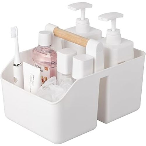 rejomiik Portable Shower Caddy Basket with Bamboo Handle, Plastic Cleaning Caddy Bathroom Organizer Tote for College Dorm Essentials, Bath Toy Storage, White