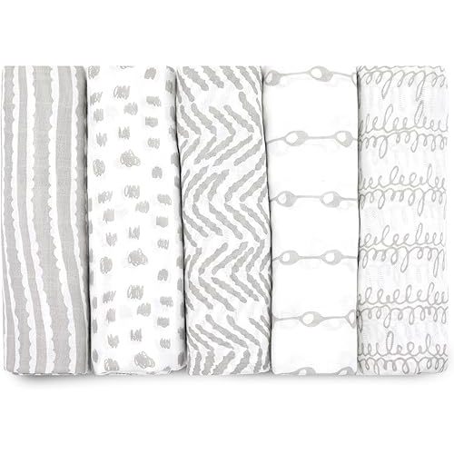 Muslin Swaddle Blankets for Newborn, 5 Pack Neutral Receiving Blanket, Muslin Blanket Swaddles Wrap for Boys and Girls, Baby Essentials, 47x47 Inches Large Size, 100% Cotton, Grey