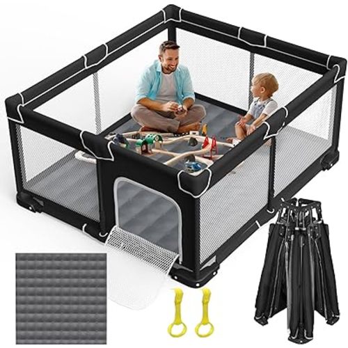 Foldable Baby Playpen with Mat, Large Foldable Playpen for Babies and Toddlers, Folding Portable Kids Play Pen, Collapsible Play Yard with 2 Handles + Suitable Size Mat(Black, 59x71 inches)