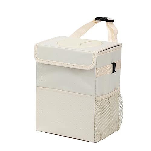 AOKJOY Car garbage can with lid Leak Proof Vehicle Trash Can 3 Storage Pockets Hanging Waterproof car trash bag for suv beige