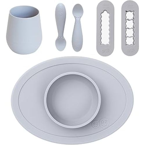 ezpz First Foods Bundle 6m+ (Pewter) Tiny Bowl + Tiny Spoons + Tiny Cup + Food Cutters Baby Essentials
