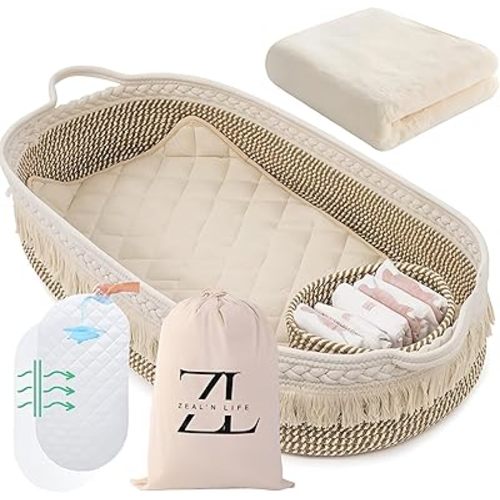 ZEAL'N LIFE Baby Changing Basket with Waterproof Pad, Diaper Caddy Organizer, Blanket & Cotton Bag, Portable Changing Table Topper for Dresser, Travel, Boho Nursery Decor, Changing Pad (Beige)