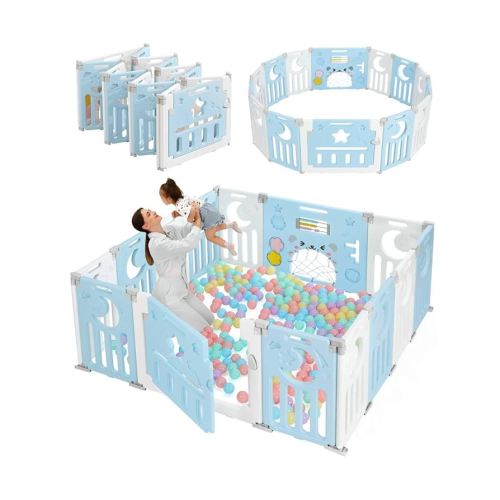 Baby Playpen, Dripex Foldable Playpen for Babies and Toddlers, Custom Shape Baby Fence, Safety Play Yard with Gate, Portable Play Area for Indoor or Outdoor, Blue White, 14 Panel