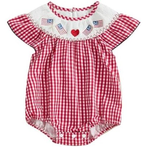MoZiKQin Baby Girl 4th of July Outfit Newborn Embroidered Flag Plaid Bubble Romper Smocked Bodysuit Cute Summer Clothes
