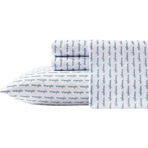 Wrangler - Twin Bed Sheets, Breathable & Wrinkle Resistant Bedding, Includes Matching Sham & Pillowcase, Dorm Essentials (Stamped Logo Blue)