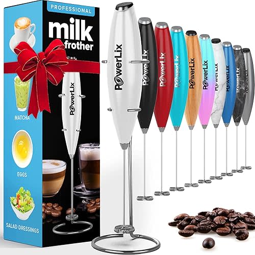 PowerLix Milk Frother Handheld Battery Operated Electric Whisk Foam Maker For Coffee, Latte, Cappuccino, Hot Chocolate, Durable Mini Drink Mixer With Stainless Steel Stand Included (BW)