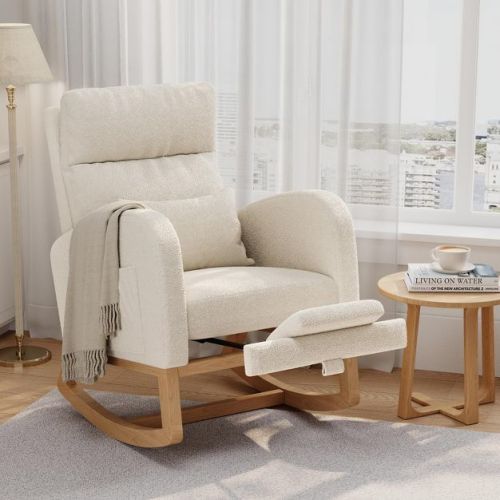 Modern Fabric Nursery Rocking Chair with Side Pockets and Pillow - Glider Accent Chair for Living Room Bedroom - Beige+Teddy With Footrest
