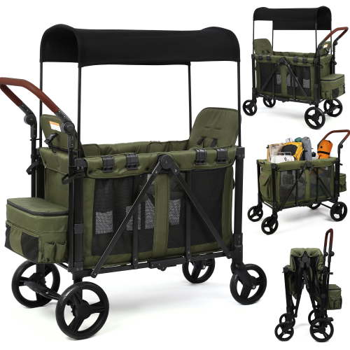 Vomeast Wagon Stroller for 2 Kids, 3-in-1 Canopy, 5-Point Harness, Adjustable Handle, All-Terrain Wheels, Green