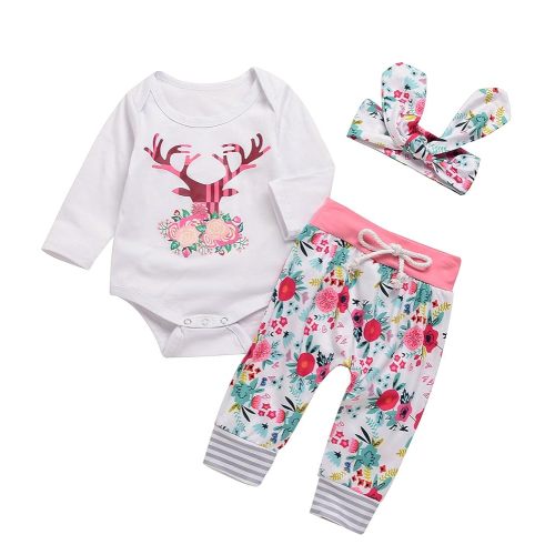 3PCs Baby Pink Reindeer Print Long Sleeves Romper Headband Pant Outfit Set (0-6M(Tag70), White&Pink)