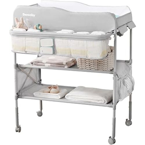Sweeby Portable Baby Changing Table, Foldable Changing Table Dresser Changing Station for Infant, Waterproof Diaper Changing Table Pad Topper, Mobile Nursery Organizer for Newborn Essentials,Haze Grey