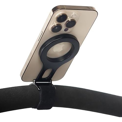 Magnetic Phone Holder for Stroller Bar, Compatible with MagSafe (Strong Magnet) - 180° Adjustable for Gym, Home Fitness Bikes, Shopping Cart, with Adjustable Strap, All Phone (Magnetic Ring Included)