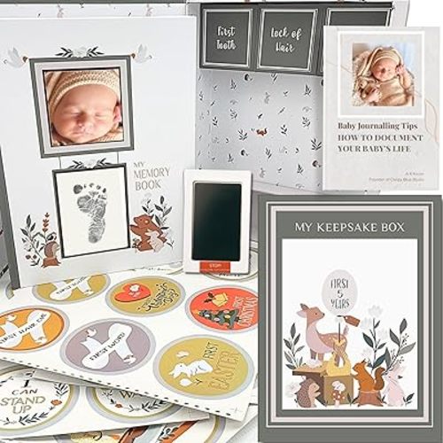 Baby Memory Book with Keepsake Box & Monthly Baby First Milestone Stickers - Gender Neutral First Year Scrapbook Journal - Baby Photo Album for Boys - Baby Book Keepsake, Baby Milestone Book