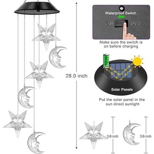 Star and Moon Solar Wind Chimes Color Changing Lights Outdoor, Best Gifts for Mom Grandma Women Wife Aunt Sister, Unique Mobile Wind Chime, Mothers Day Yard Decor