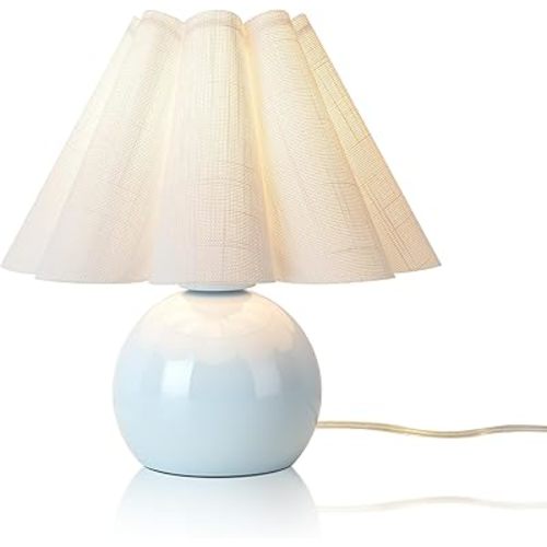 Light Blue Small Bedside Mini Table Lamp for Bedroom, Cute Bedroom Lamps for Nightstand, Cute Mini Table Lamps for Small Spaces with Scalloped Shade for Kitchen Counter, Bookshelf, Kids Dorm, Office