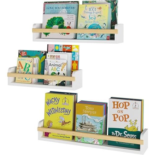 Wallniture Utah Wall Mount Nursery Décor Kids Bookshelf Floating Wall Shelves Book Photo Display Varying Sizes Set of 3 White