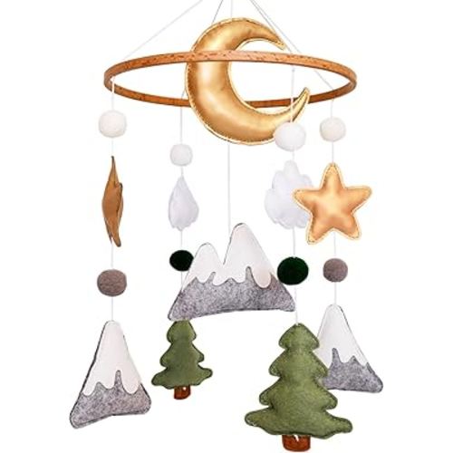 Woodland Baby Crib Mobile, Mountain Mobile for Crib for Boys & Girls, Neutral Nursery Mobile, Baby Shower Gift, with Moon, Trees, Stars & Clouds