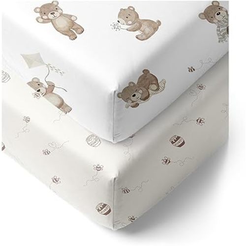 Living Textiles 100% Organic Cot Sheet Fitted 2 Pack -70x135cm, Premium Fabric for Baby's Best Comfort, Super Soft Baby for Crib Bed,Cot,Travel,Moisture Resistant (Cuddly Bear)