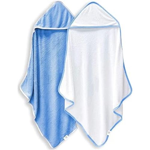 2 Pack Baby Bath Towel - Rayon Made from Bamboo, Ultra Soft Hooded Towels for Babies,Toddler,Infant - Newborn Essential -Perfect Baby Registry Gifts for Boy Girl (White and Navy Blue, 30 x 30 Inch)