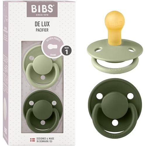BIBS De Lux Baby Pacifier 2-Pack | Made in Denmark | BPA Free Dummy Soother, Round Nipple. Natural Rubber Latex, Size 1 (0-6 Months), Sage/Hunter Green