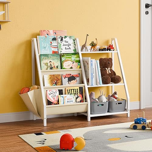Kids Bookshelf and Toy Storage Organizer:Sturdy Book Shelf for Kids Rooms Playroom Bedroom Nursery Montessori Bookshelf for Baby and Toddlers (White)