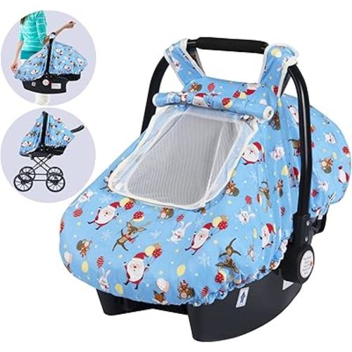 SMTTW Baby Car Seat Covers, Infant Car Canopy for Spring Summer Autumn Winter, Universal Fit, Snug Warm Breathable, Car Seat Canopy for Boys Girls (Christmas Blue)