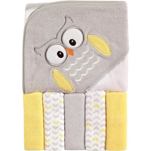 Luvable Friends Unisex Baby Hooded Towel with Five Washcloths, Owl, One Size
