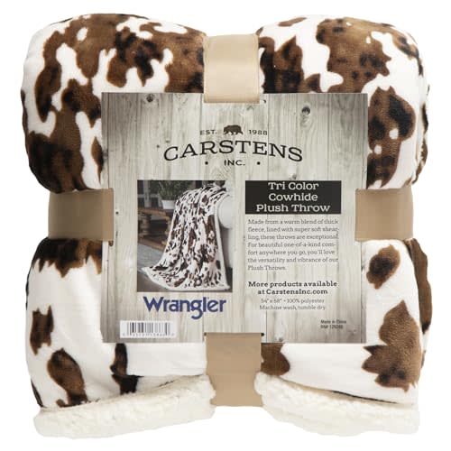 CARSTENS, INC. Wrangler Ultra Premium Super Soft Plush Sherpa Fleece Oversized Throw Blanket 54" x 68", Tri-Color Cowhide