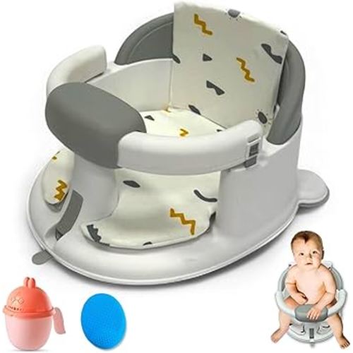 Non-Slip Baby Bath Seats 6-12 Months, Toddler Bathtub Chair with Washable Cusion, Cap Brush & Shower Mug, Infant Chair Comfortable Baby Bath Support for Safe Bathing & Sit Up Bathtub Support