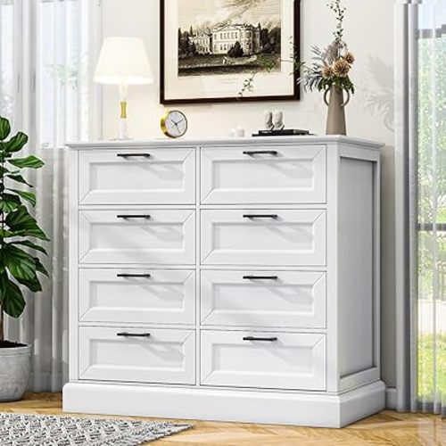 White Dresser for Bedroom, Chest of Drawers, Large Modern Farmhouse Storage for Closet, 8 Drawers Dresser Storage Drawers, 39.3” Tall Wood Clothing Storage with Black Handles