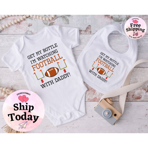 Football Onesie®s, Football With daddy Bodysuit,  Sports Onesie®, Football Baby Shower gift, Football Season Bodysuit, Get My Bottle Onesie®