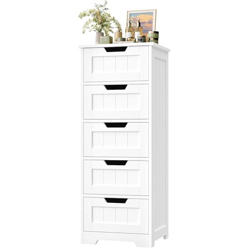 FOTOSOK Bathroom Cabinet, Bathroom Storage Cabinet with 5 Drawers, Wooden Storage Cabinets with Cut-Out Handles, 11.8” x 15.7” x 40.1” Bathrooms Floor Cabinets for Hallway/Living Room, White